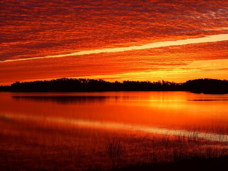 Sunset over Lake — Orange, Dramatic, Photograph, Sky, Trees, Grass