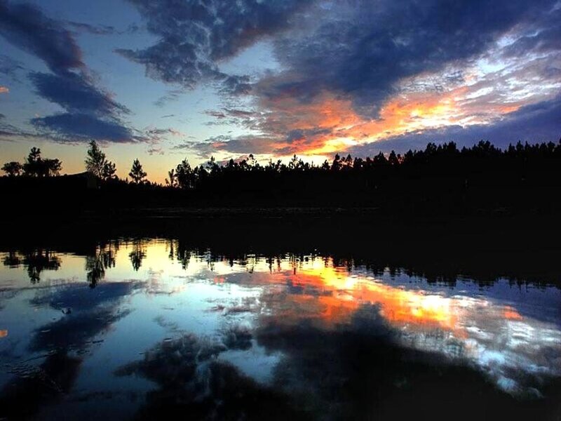 Sunset over Lake — Orange, Dramatic, Photograph, Sky, Trees, Reflection, Blue