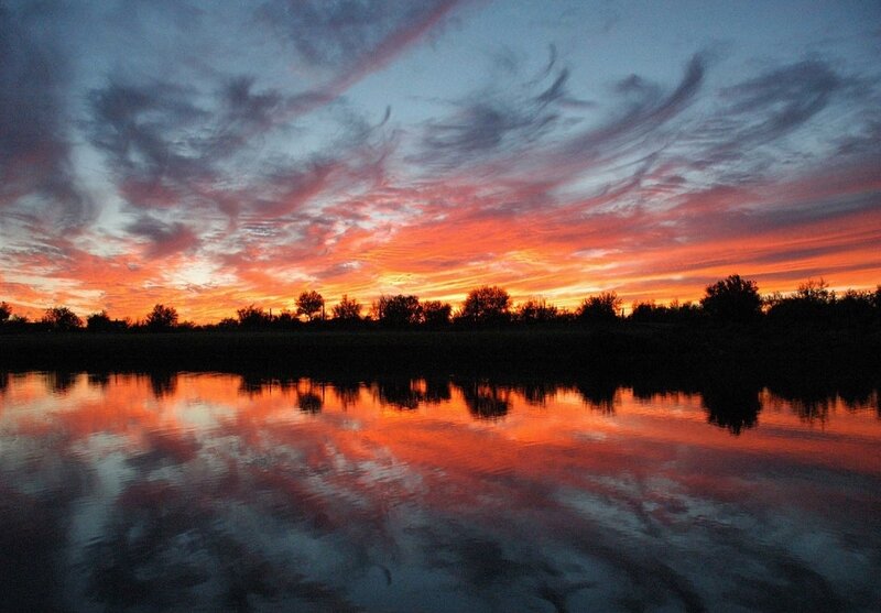 Sunset over Lake — Orange, Dramatic, Photograph, Sky, Trees, Reflection