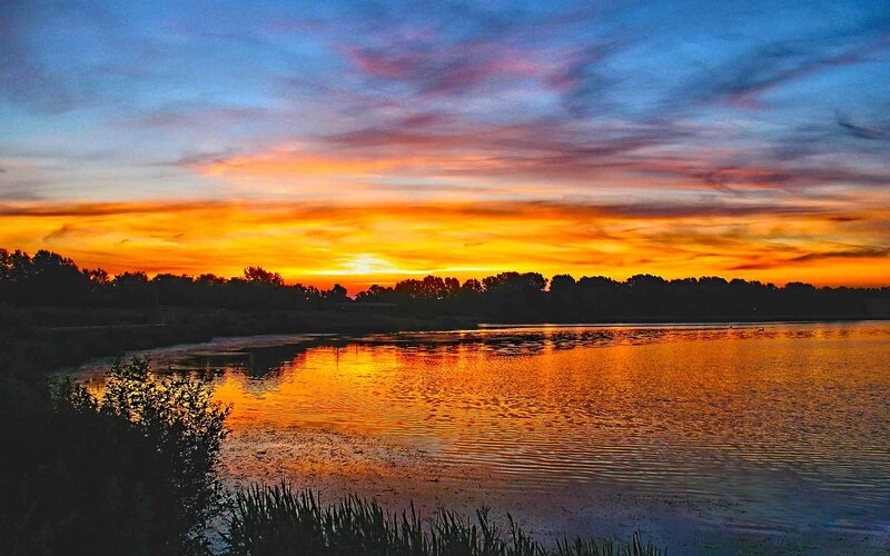 Sunset over Lake — Orange, Dramatic, Photograph, Sky, Trees, Water, Blue