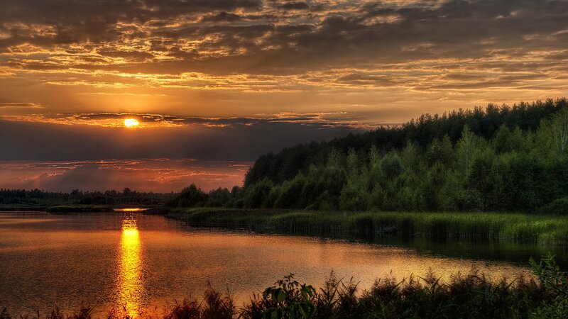Sunset over Lake — Orange, Dramatic, Photograph, Sky, Trees, Water, Green