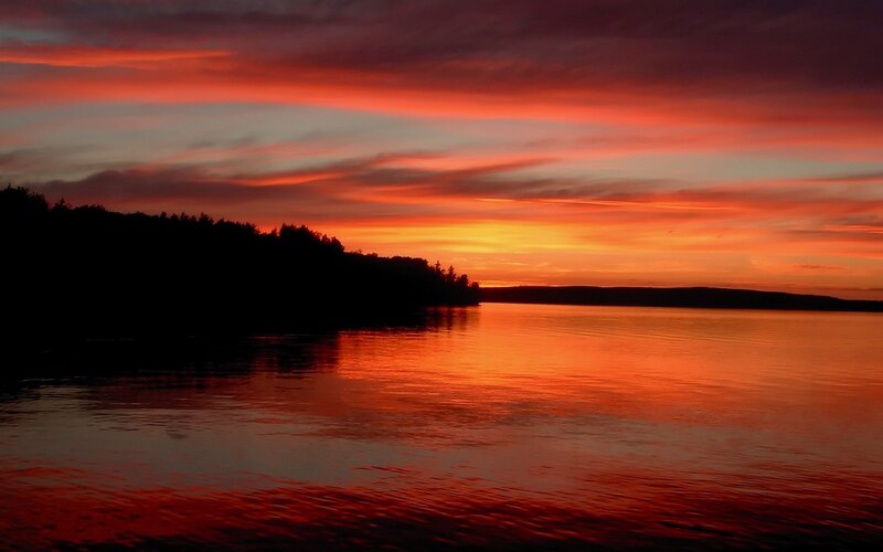 Sunset over Lake — Orange, Dramatic, Photograph, Sky, Trees, Water, Red, Black