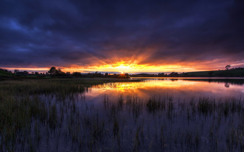 Sunset over Lake — Orange, Dramatic, Photograph, Sky, Water, Grass