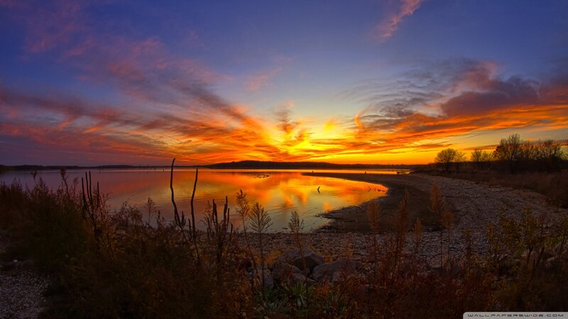 Sunset over Lake — Orange, Dramatic, Photograph, Sky, Water, Plants