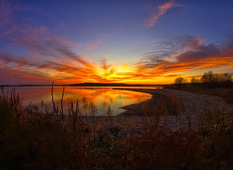 Sunset over Lake — Orange, Dramatic, Photograph, Sky, Water, Shoreline
