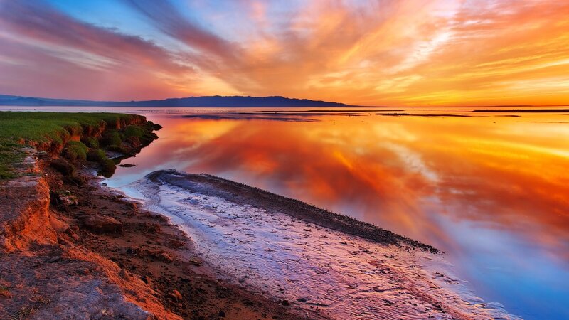 Sunset over Lake — Orange, Dramatic, Photograph, Sky, Water