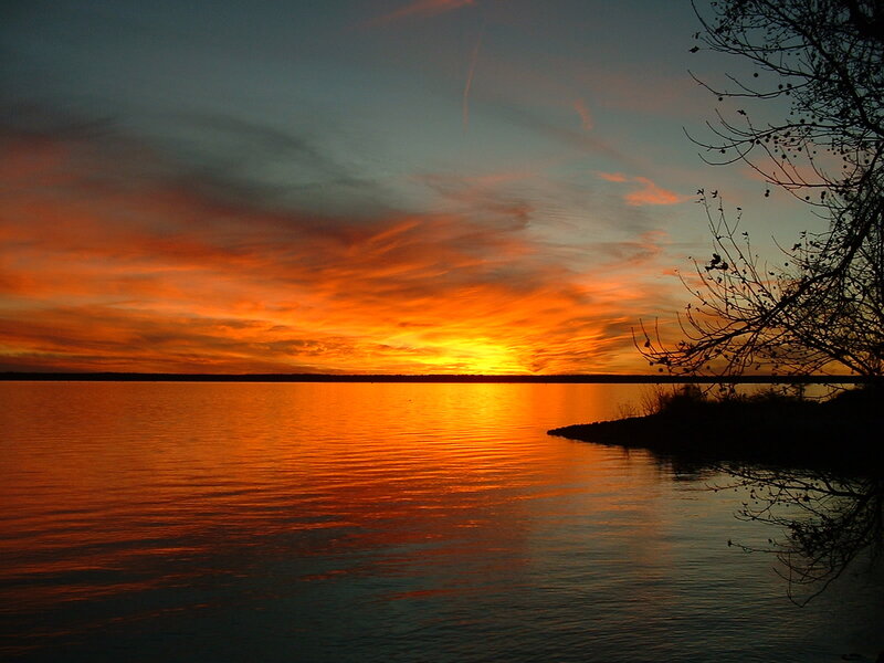 Sunset over Lake — Orange, Dramatic, Photograph, Sky, Water, Tree