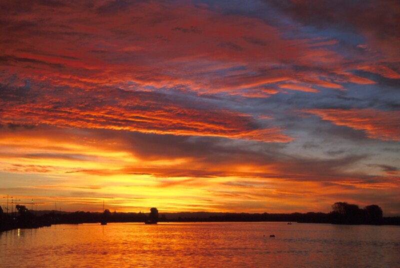 Sunset over Lake — Orange, Dramatic, Photograph, Sky, Water, Trees