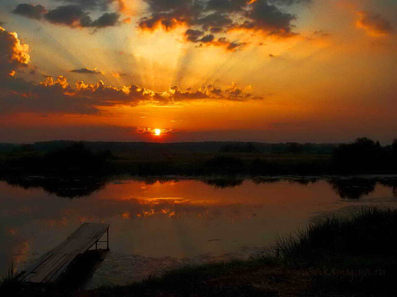 Sunset over Lake — Orange, Dramatic, Photograph, Sun, Clouds, Dock