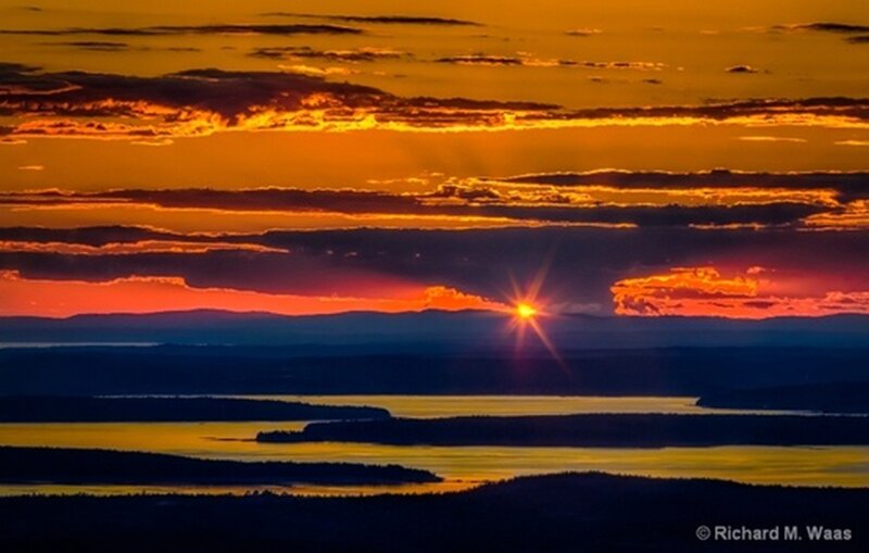 Sunset over Lake — Orange, Dramatic, Photograph, Sun, Clouds, Mountains