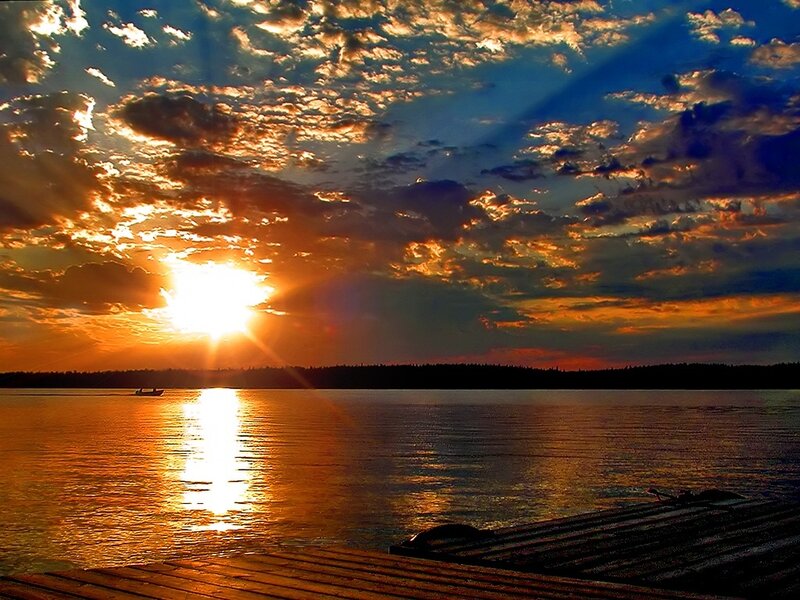 Sunset over Lake — Orange, Dramatic, Photograph, Sun, Clouds