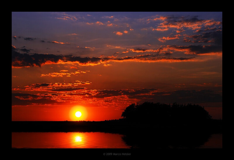 Sunset over Lake — Orange, Dramatic, Photograph, Sun, Clouds, Trees