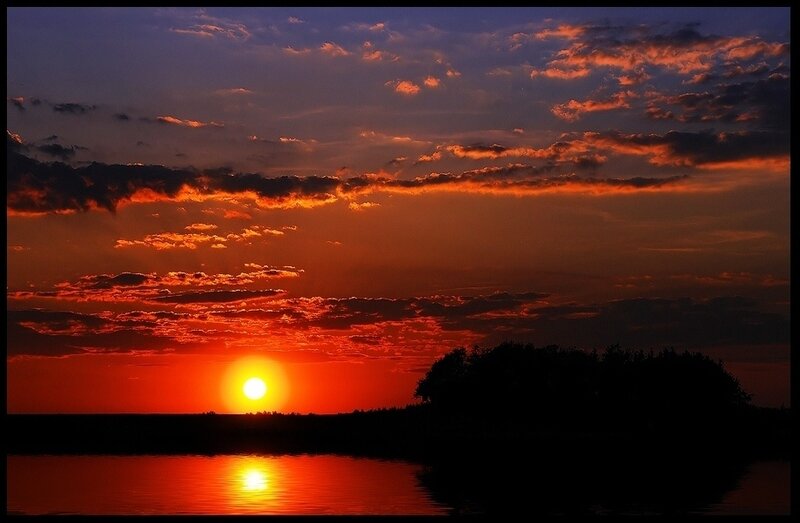 Sunset over Lake — Orange, Dramatic, Photograph, Sun, Clouds, Trees, Water