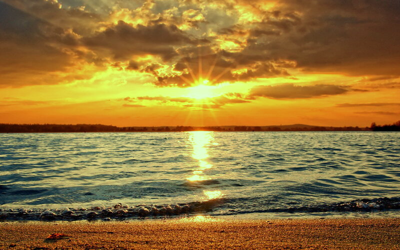 Sunset over Lake — Orange, Dramatic, Photograph, Sun, Clouds, Water, Beach