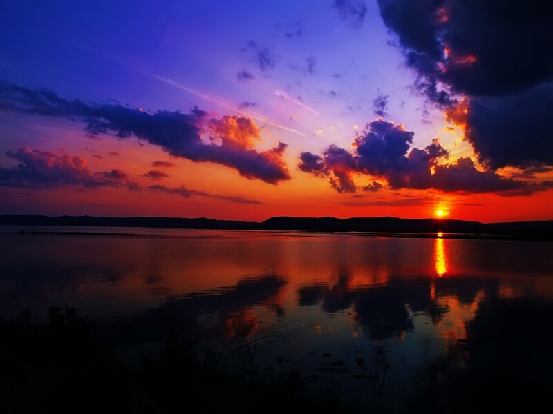 Sunset over Lake — Orange, Dramatic, Photograph, Sun, Clouds, Water, Hills