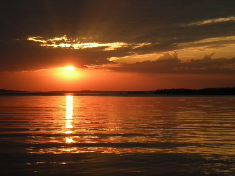 Sunset over Lake — Orange, Dramatic, Photograph, Sun, Clouds, Water