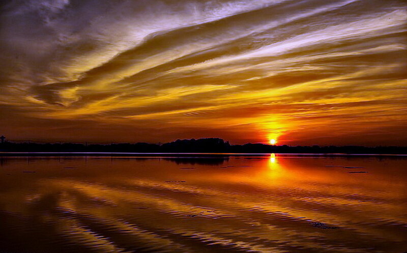 Sunset over Lake — Orange, Dramatic, Photograph, Sun, Clouds, Water, Trees