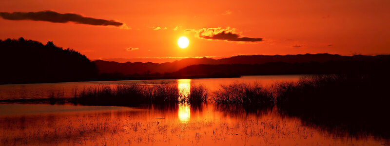Sunset over Lake — Orange, Dramatic, Photograph, Sun, Mountains, Reeds