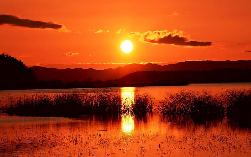 Sunset over Lake — Orange, Dramatic, Photograph, Sun, Mountains