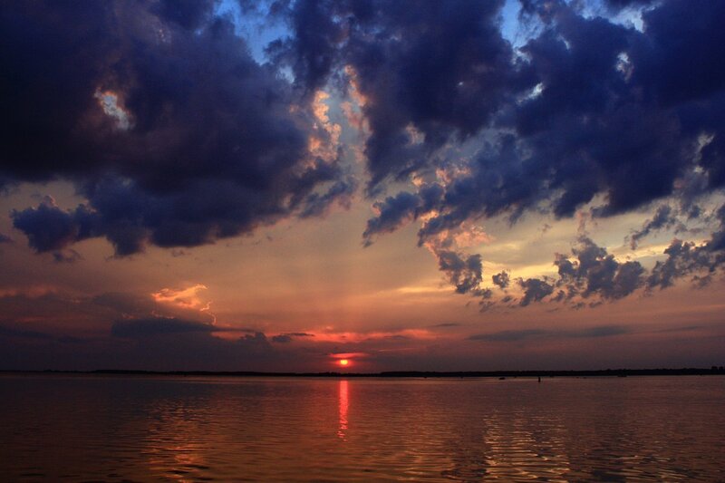 Sunset over Lake — Orange, Dramatic, Photograph, Sun
