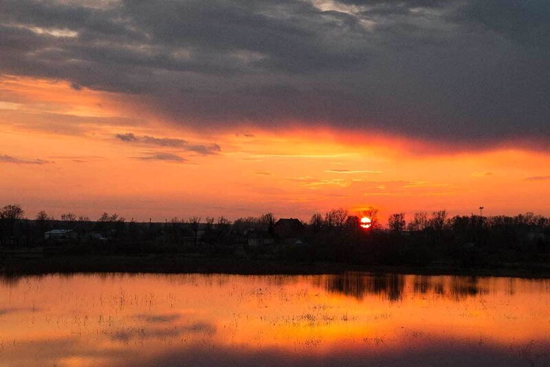 Sunset over Lake — Orange, Dramatic, Photograph, Sun, Trees, House