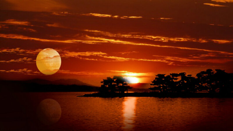Sunset over Lake — Orange, Dramatic, Photograph, Sun, Trees, Mountains