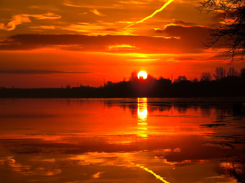 Sunset over Lake — Orange, Dramatic, Photograph, Sun, Trees, Reflection