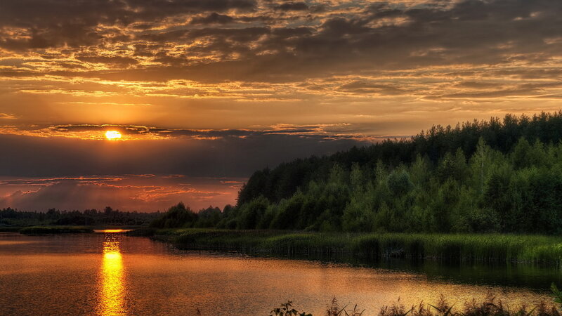 Sunset over Lake — Orange, Dramatic, Photograph, Sun, Trees, Water