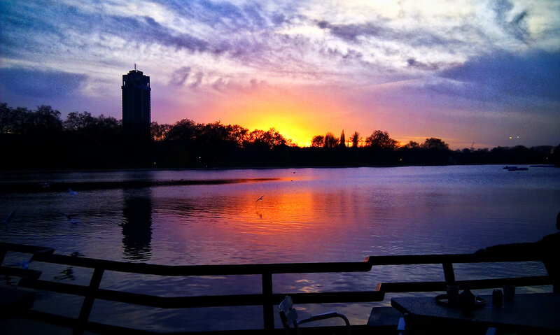 Sunset over Lake — Orange, Dramatic, Photograph, Tower