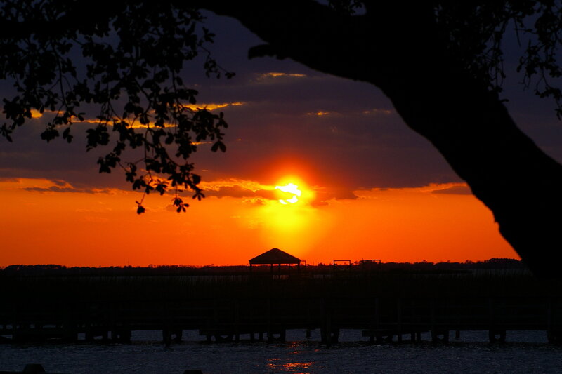 Sunset over Lake — Orange, Dramatic, Photograph, Tree, Pier