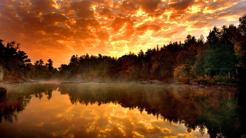 Sunset over Lake — Orange, Dramatic, Photograph, Trees, Clouds, Mist