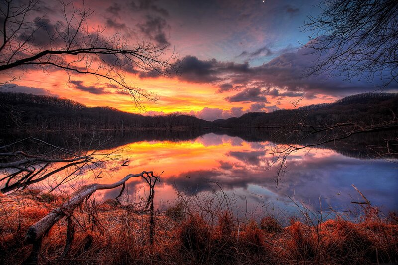 Sunset over Lake — Orange, Dramatic, Photograph, Trees, Clouds, Moon, Reflection