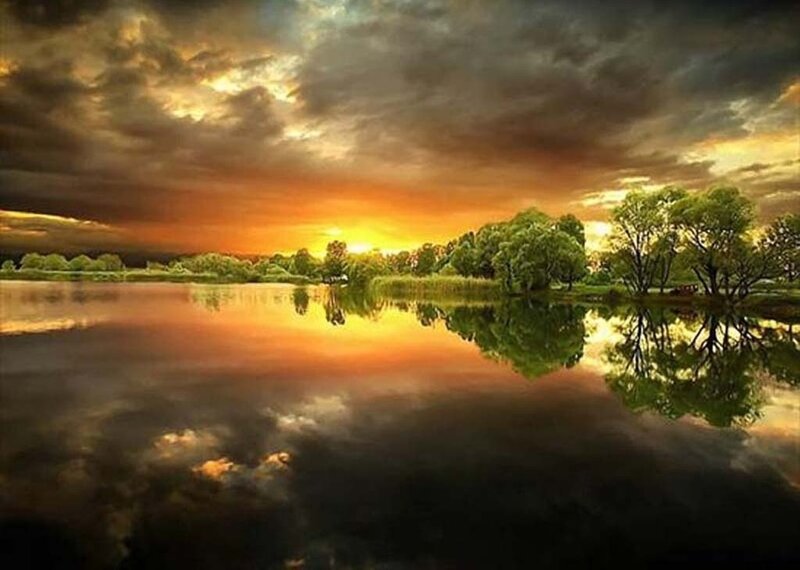 Sunset over Lake — Orange, Dramatic, Photograph, Trees, Clouds, Reflection