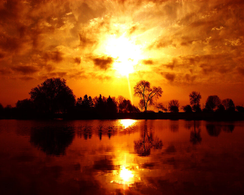 Sunset over Lake — Orange, Dramatic, Photograph, Trees, Clouds
