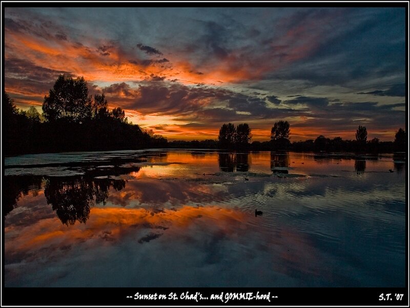 Sunset over Lake — Orange, Dramatic, Photograph, Trees, Clouds, Water