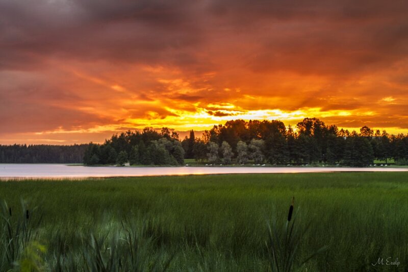 Sunset over Lake — Orange, Dramatic, Photograph, Trees, Grass