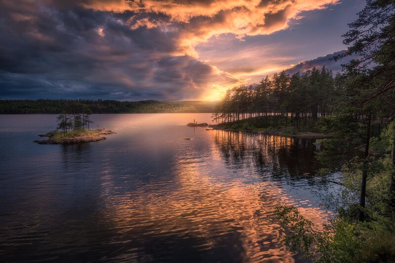 Sunset over Lake — Orange, Dramatic, Photograph, Trees, Island