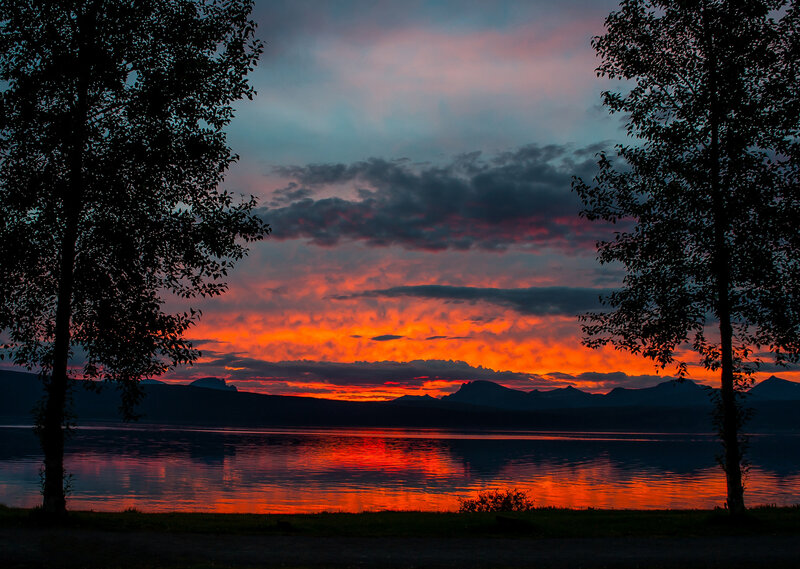 Sunset over Lake — Orange, Dramatic, Photograph, Trees, Mountains