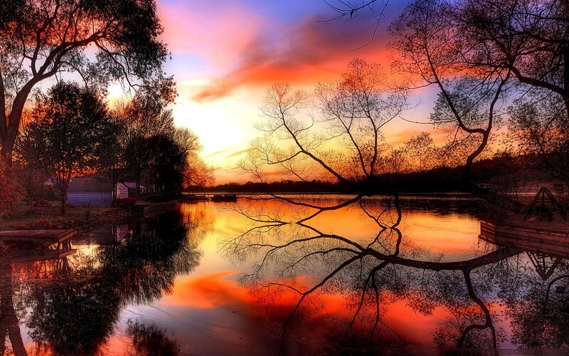 Sunset over Lake — Orange, Dramatic, Photograph, Trees, Reflection, Dock