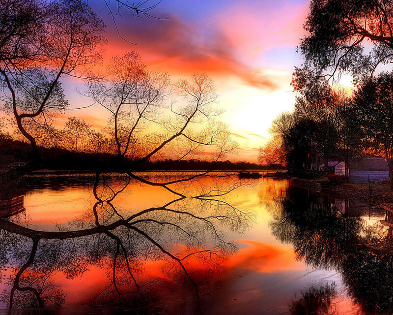 Sunset over Lake — Orange, Dramatic, Photograph, Trees, Reflection, House