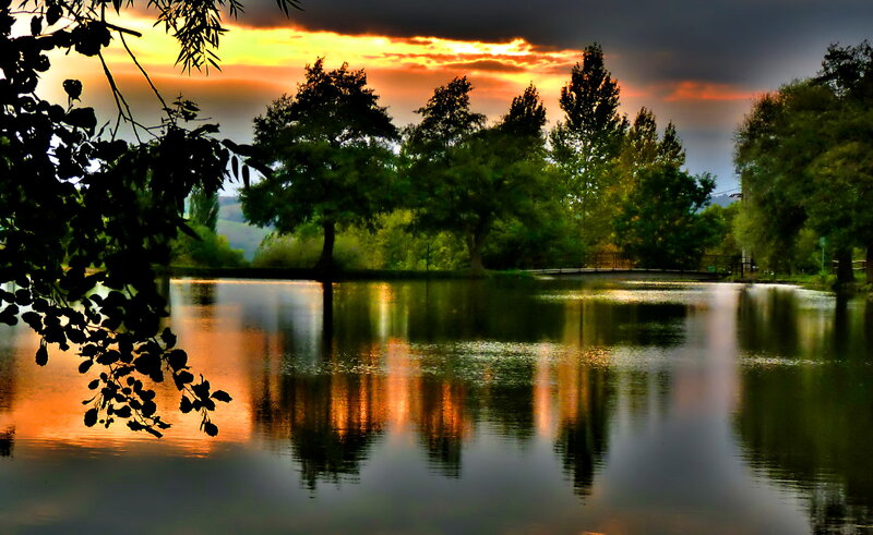 Sunset over Lake — Orange, Dramatic, Photograph, Trees, Reflection, Sky