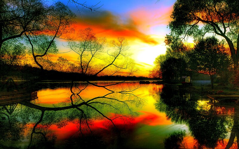 Sunset over Lake — Orange, Dramatic, Photograph, Trees, Reflection
