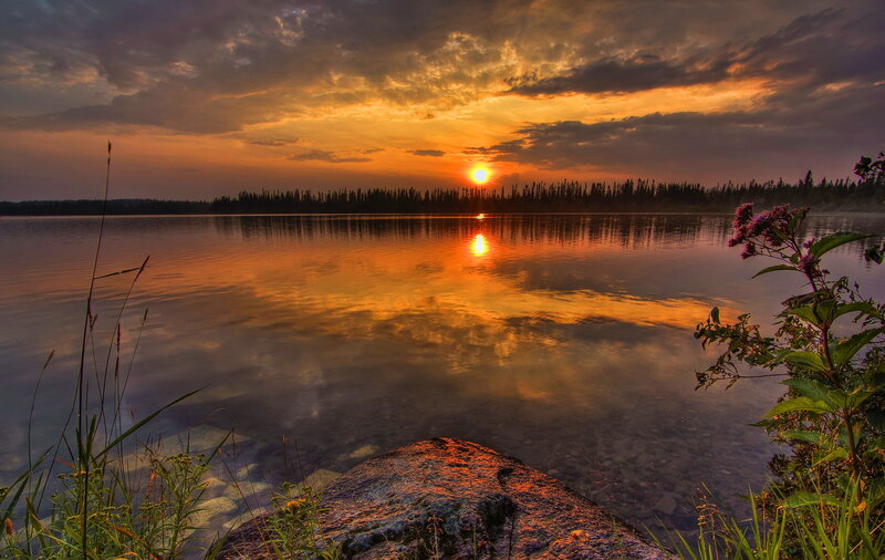 Sunset over Lake — Orange, Dramatic, Photograph, Trees, Rock