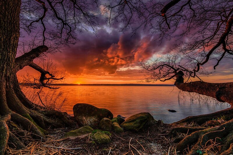 Sunset over Lake — Orange, Dramatic, Photograph, Trees, Rocks, Clouds