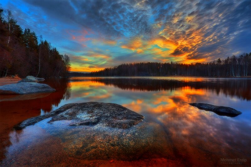 Sunset over Lake — Orange, Dramatic, Photograph, Trees, Rocks, Sky