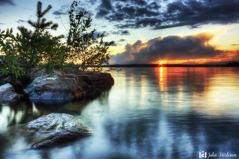 Sunset over Lake — Orange, Dramatic, Photograph, Trees, Rocks