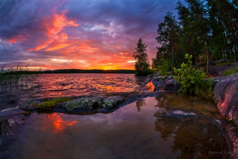 Sunset over Lake — Orange, Dramatic, Photograph, Trees, Rocks, Water
