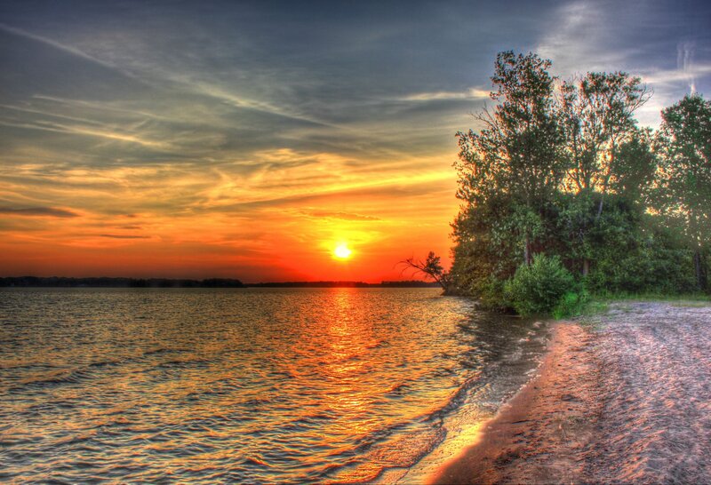 Sunset over Lake — Orange, Dramatic, Photograph, Trees, Sand