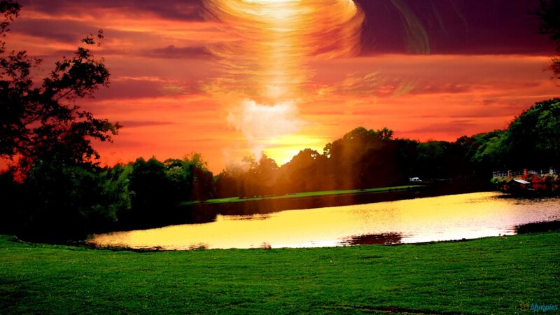 Sunset over Lake — Orange, Dramatic, Photograph, Trees, Sky, Grass