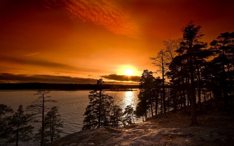 Sunset over Lake — Orange, Dramatic, Photograph, Trees, Sky, Red